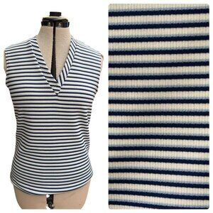 Vintage Sleeveless V Neck Polyester Shirt Striped Navy, Light Blue, White Sz 14